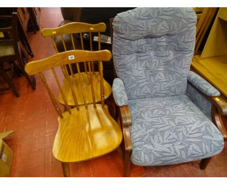 Polished wooden framed floral easy chair and two light stickback dining chairs