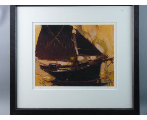 Limited edition (12/295) coloured print - a yacht, indistinctly signed, 32 x 41 cms