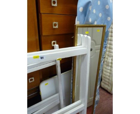 Wooden painted vintage clothes horse and one other, gilt framed mirror, folding table and an ironing board
