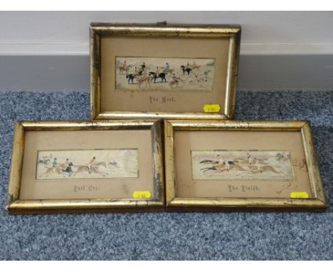 Trio of framed hunting scene silks - 'The Finish', 'The Full Cry' and 'The Meet', all 12 x 19 cms with mount