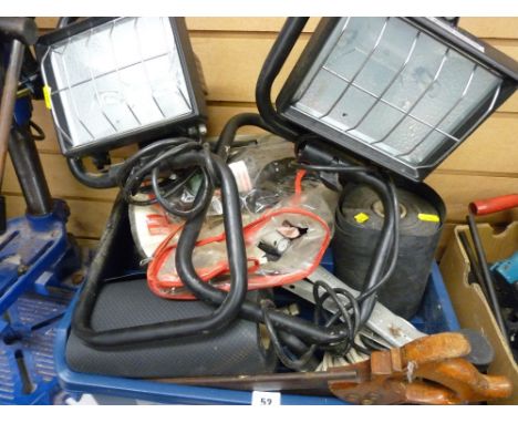 Pair of halogen lamp sight lights and a blue tub of various garage items E/T