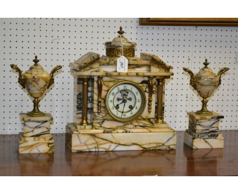 A French Third Republic marble and gilt metal mounted mantel clock garniture, 11cm enamel dial with Arabic chapter and visibl