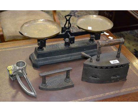 A pair of French balance scales; a flat iron; etc (1 box)