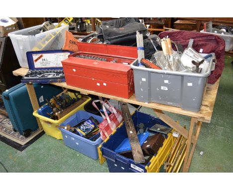 Tools - socket sets; tap and die sets; Max Sievert blow lamp; hand tools; assorted power tools; three legged pullers etc.