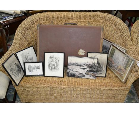 A wooden bound travelling trunk; prints and pictures; Lowry prints; Henson by, Barnard, after, Charles Dickens caricature pri