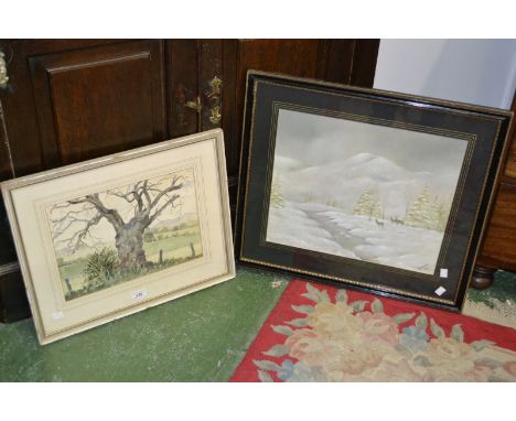 H Parker (20th century)
The Old Ash Tree, Llanarvon, North Wales, Signed;  R Fletcher, Deer in the Snow, pastel, signed, date