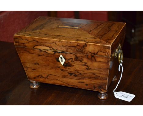 A post-Regency goncalo alves sarcophagus tea caddy, hinged cover, ring handles, kite-shaped ivory escutcheon, bun feet, 15cm 