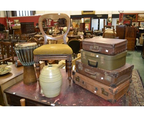 A kitchen armchair; a standard lamp; a balloon back side chair; a stoneware barrel; an African drum; four vintage suitcases (