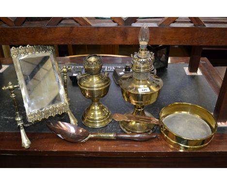 Metalware - an aesthetic Movement brass dressing table mirror;  a 50 micron separating filter pan;  an oil lamp (converted to