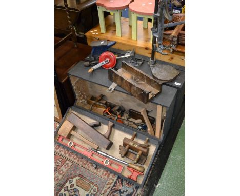 Two carpenter's boxes containing woodworking tools - Record planes including 077A bullnose; handsaws (Sandvik); rebate planes