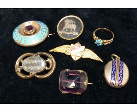 A Victorian turquoise and amethyst ring; a similar brooch; an enamelled locket; various brooches