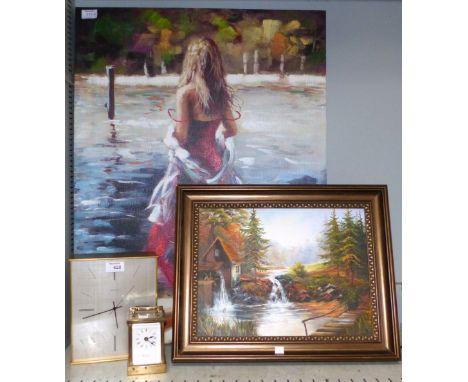 A modern oil depicting a girl in red dress; a modern oil depicting a watermill; A reproduction brass carriage clock by Woodfo