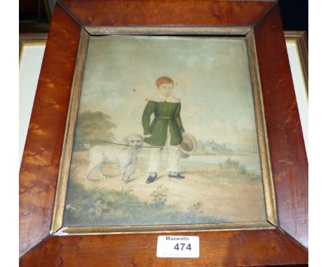 A 19th century watercolour:  portrait of a young boy with a dog, 9½" x 8", burrwood frame