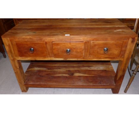 A modern hardwood sideboard with 3 drawers ad shelf under