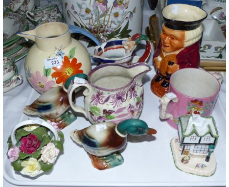 An early 19th century Sunderland lustre jug; an early 19th century loving cup; a piece of Coalport; decorative pottery