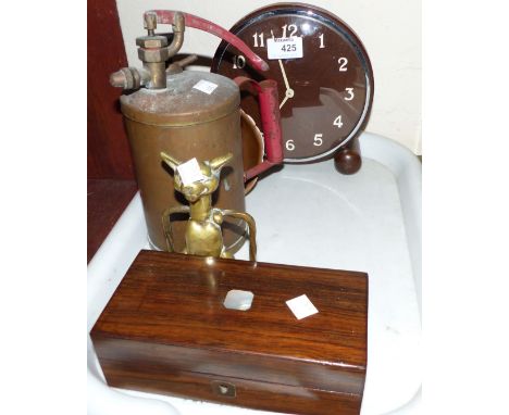 A small brass balance scale; a brass pressure spray; a box with chess pieces; a 1930's mantel clock; etc.