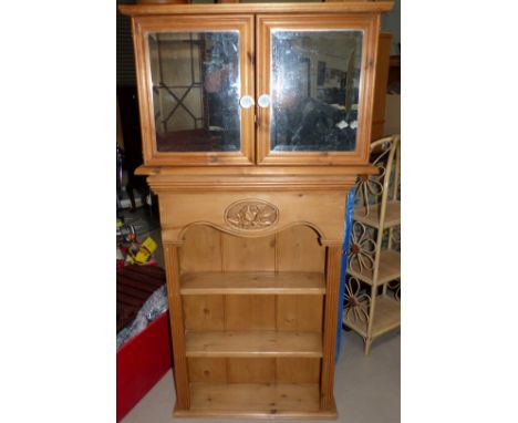 A reclaimed natural pine 3 height wall shelf unit; a similar glazed cupboard