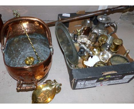 A copper helmet shaped coal scuttle; a warming pan; other metalware