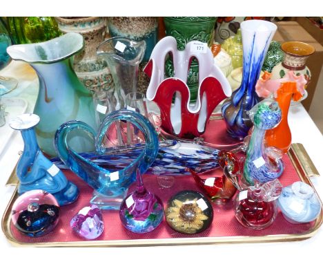 A selection of coloured glassware including Murano vases, Caithness vases, paperweights etc