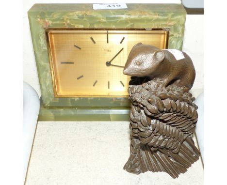 A 1950's IMHOF onyx mantel clock with gilt dial, height 5½"; a bronzed model of a field mouse, signed Richard Fisher