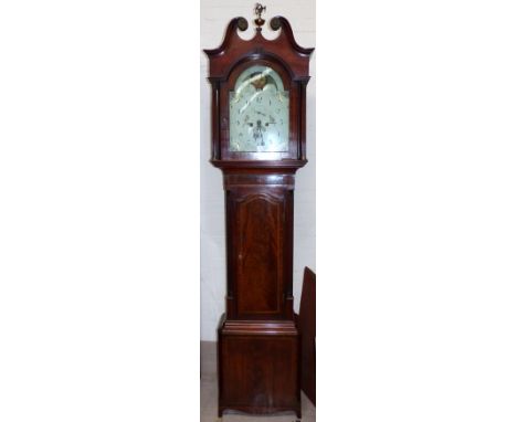 An 18th century longcase clock with brass finial, swan neck pedestal, reeded Corinthian side columns, similar quarter columns