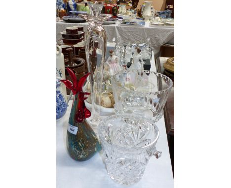 A Murano coloured glass cockerel; an etched glass golf trophy; a moulded glass ice bucket; a glass candlestick