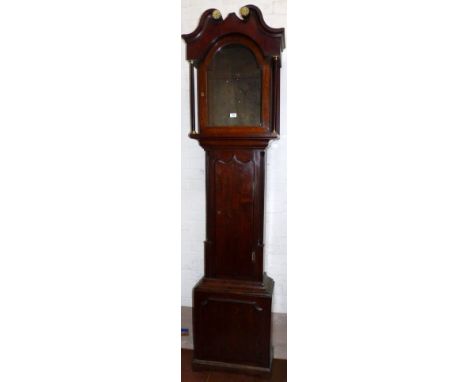 An 18th century crossbanded oak longcase clock, the hood with swan neck pediment, arched door and turned side columns, the tr