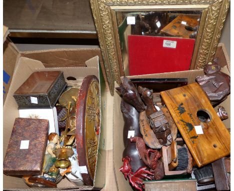 A selection of carved wood animals and figures; a selection of decorative items and a mirror