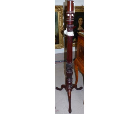 A Georgian style mahogany tripod column lamp standard with shade
