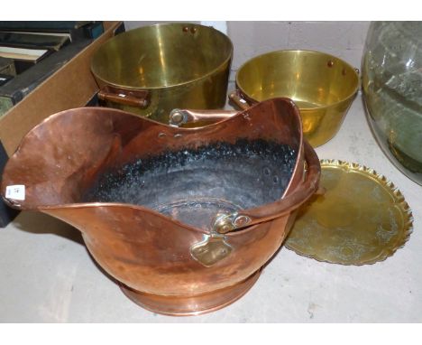 A 19th century copper coal helmet; 2 jam pans; a warming pan