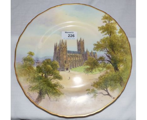 A Royal Worcester hand painted plate: "Canterbury Cathedral", signed C H Evans, diameter 10½"