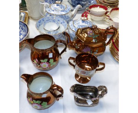 A 19th century blue and white Willow pattern teapot, sucrier and other matching china; a selection of lustre; etc.