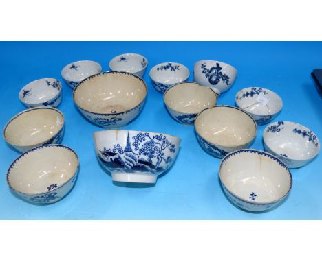 A set of 6 18th century English blue and white tea bowls (a.f.); an 18th century Worcester blue and white tea bowl; a set of 