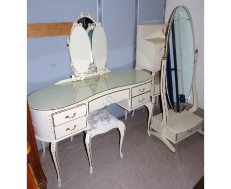 An Italianate white painted bedroom suite comprising dressing table with stool, cheval mirror, and a pair of bedside tables