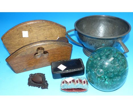 An "English Pewter" Arts & Crafts 3-handled bowl; a lacquer snuff box; a glass dumpy and collectables