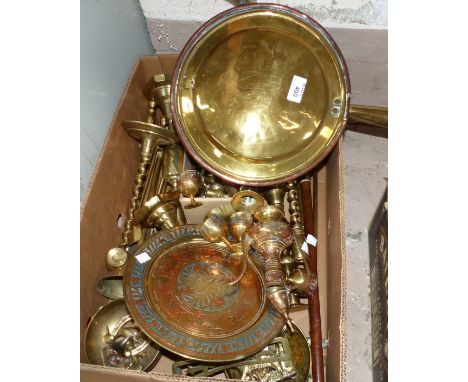 A 19th century copper and brass warming pan; 2 pairs of 19th century brass candlesticks; a coal helmet and brassware