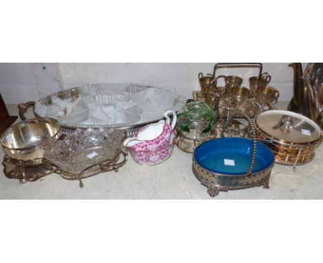 A silver plated 6 cup egg cruet; a strawberry and cream set; a Spode Japan pattern butter dish in silver plated mounts; simil