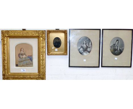 A Victorian portrait photograph of a lady with overpainted decoration; 2 19th century stippled engravings of young women; a 1