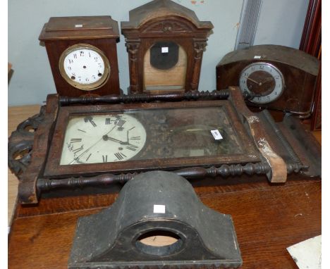 A Vienna wall clock with turned and scrolled decoration, for restoration; 2 1930's mantel clocks; 2 clock cases