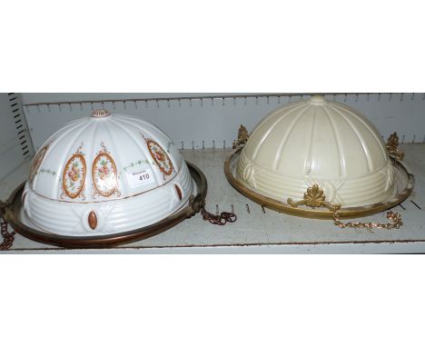 A metal mounted white globe pendant light fitting; and another