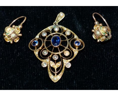 An Edwardian sapphire and seed pearl pendant, stamped '9CT'; a pair of yellow metal seed pearl earrings