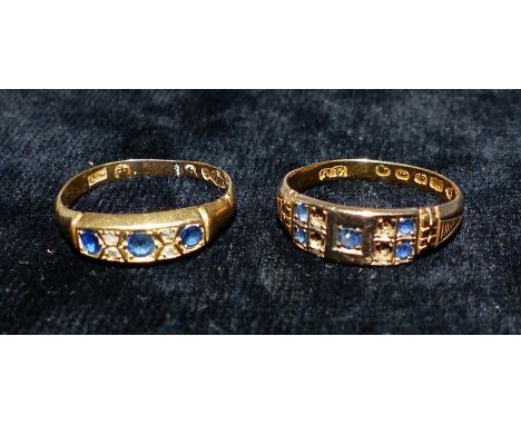 A Victorian gypsy style ring set with sapphire and diamond; a similar ring (a.f.), marks unclear, 4.1 gm