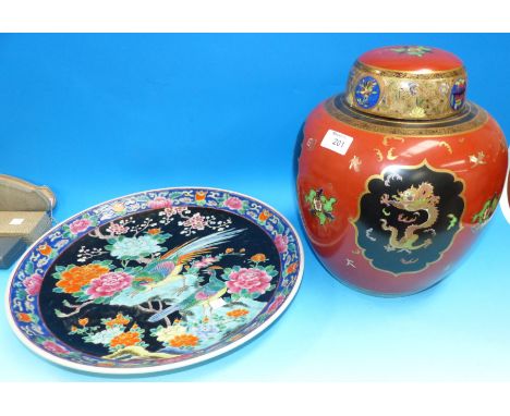 A large Carltonware ginger jar with chinoiserie decoration, height 13" (lid a.f.); a 20th century Cantonese famille noire pla