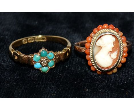 A Victorian 18 carat gold dress ring set turquoise beads and chip diamond; another ring