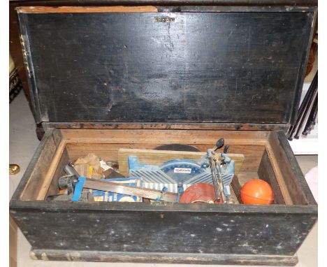 A vintage pine toolbox with a selection of vintage and later tools