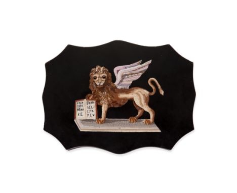 A second half 19th century Italian black Belgium marble   presse-papier with inset micromosaic penel depicting the winged Ven
