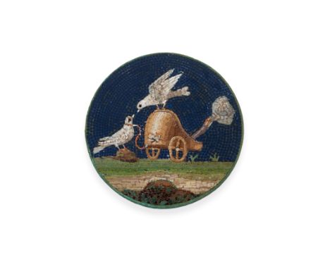 A good late 18th / early 19th century Italian micromosaic circular plaque depicting two doves, a chariot and a burning torch 