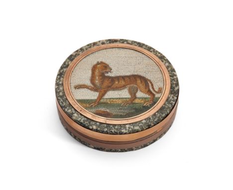 A fine late 18th/early 19th century, Italian micromosaic circular panel of a tiger set within a gold mounted grey-green porph