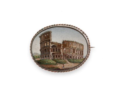 A micromosaic brooch, early 19th centuryOval, inlaid with polychrome tesserae to depict the Colosseum with a figure to the fo