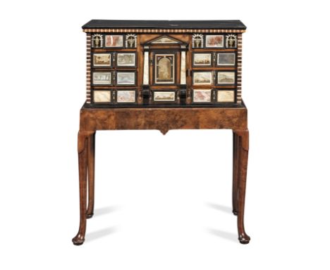 An Italian late 17th century pietra paesina and marble inset walnut, bone, ebony and ebonised cabineton a later English walnu